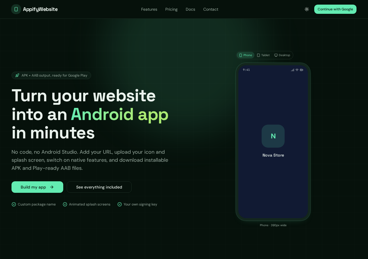 AppifyWebsite homepage showing an Android app preview generated from a website