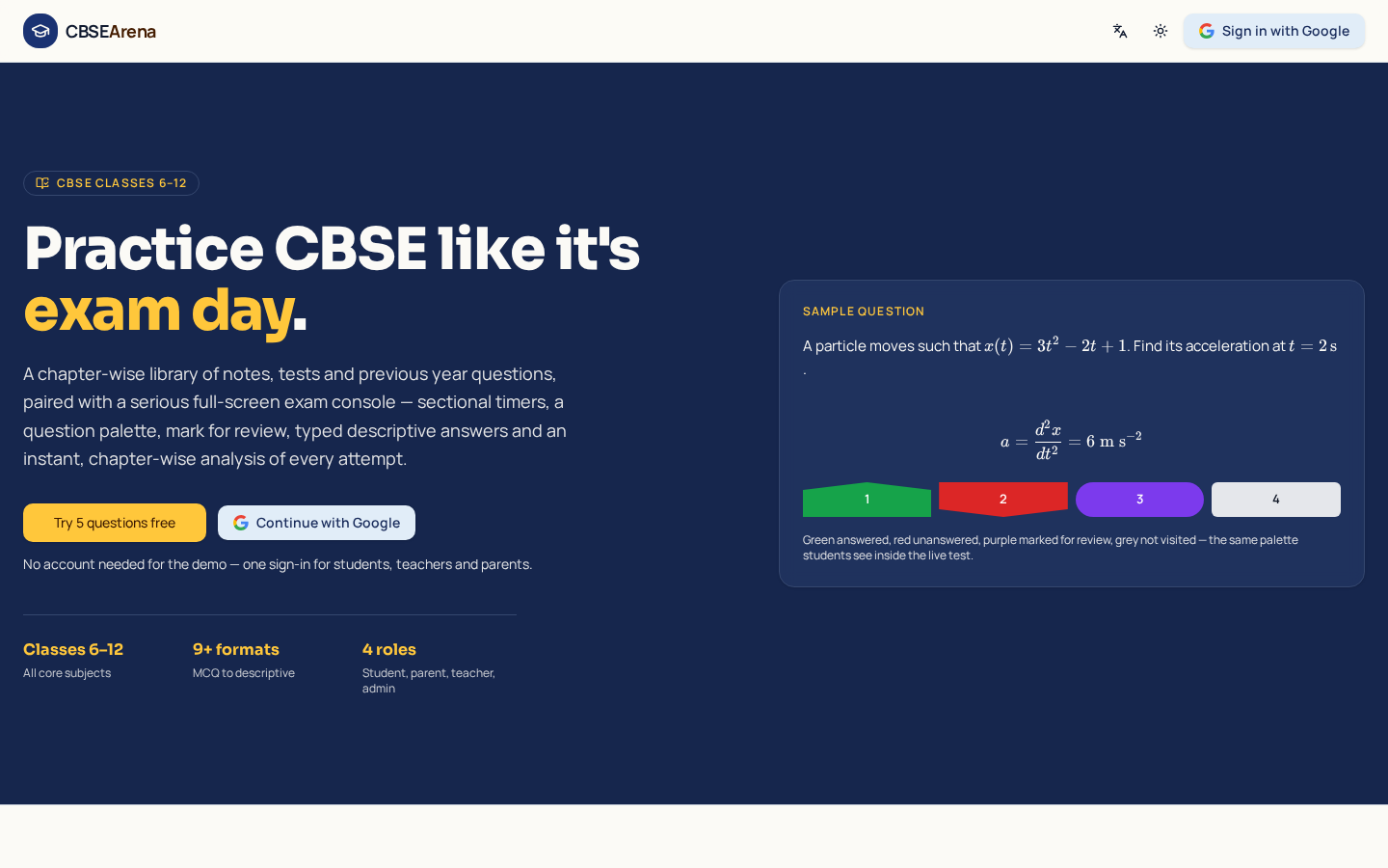 CBSE Mock Tests homepage showing the exam console and sample question