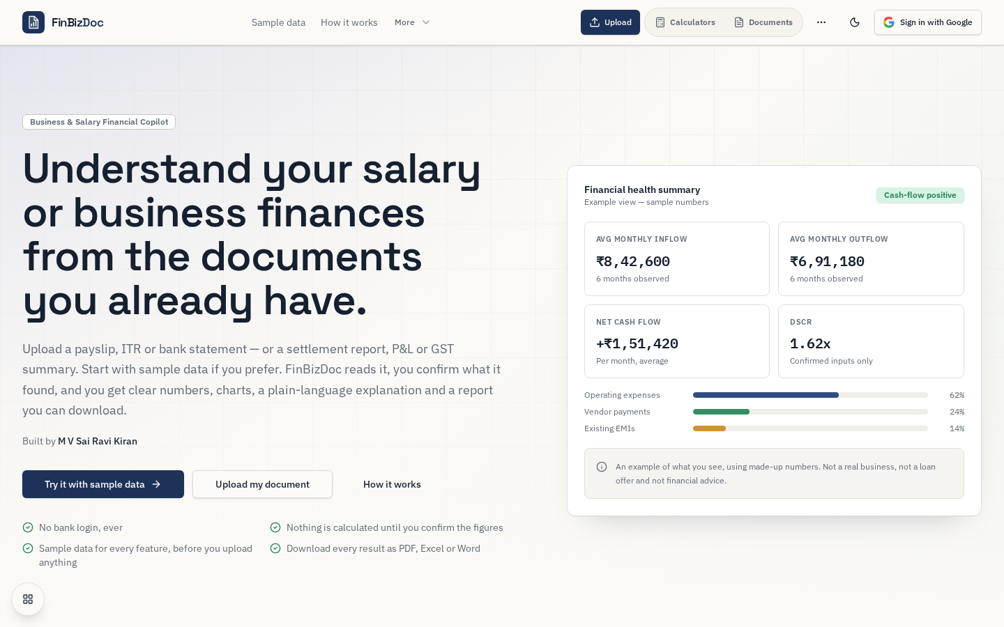 FinBizDoc homepage with a sample financial health summary